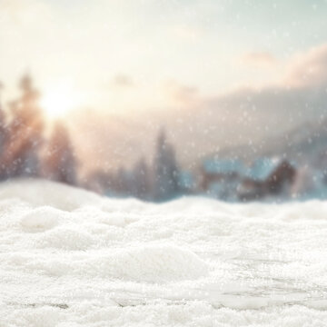 Winter product mockup with copy space &ndash; snowy mountain landscape and product placement. Clean space for product placement surrounded by fresh snow. Winter template for commercial campaigns.