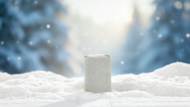 Winter mockup composition with clean space for product placement surrounded by fresh snow. Blurred snowy mountain landscape in the background. Clear copy space for product, logo, text or advertising.