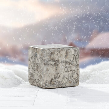 Winter mockup composition with clean space for product placement surrounded by fresh snow. Blurred snowy mountain landscape in the background. Clear copy space for product, logo, text or advertising.