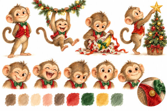 Watercolor Christmas monkey illustration set, vintage holiday monkey characters in red vests, cute monkey clip art with festive expressions and poses