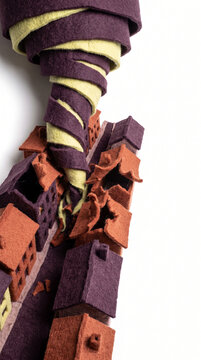 Tornado made of felt material ripping through a miniature town  