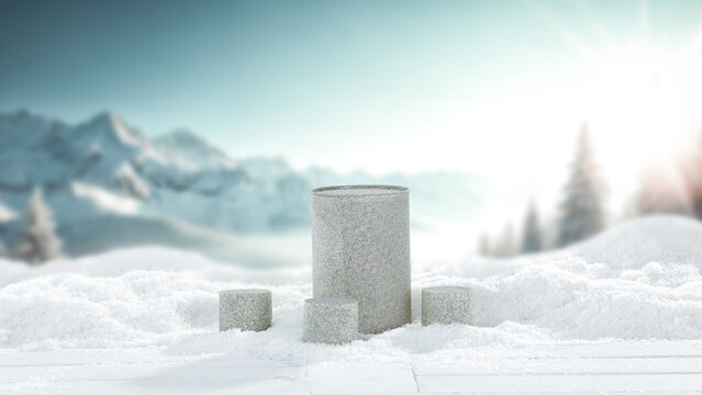 Winter mockup composition with clean space for product placement surrounded by fresh snow. Blurred snowy mountain landscape in the background. Clear copy space for product, logo, text or advertising.