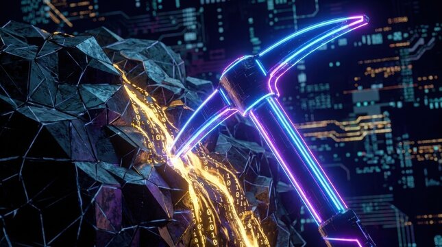 Futuristic mining pickaxe breaking digital barrier with glowing
