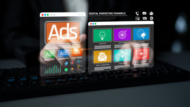 Abstract Representation of Digital Marketing Channels with Ads Interface and Creative Tools for Online Promotion Strategies Sigmoid