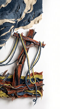 Tornado-damaged power lines represented with fabric and yarn collage  