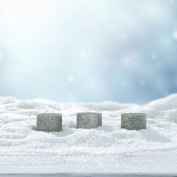 Winter mockup composition with clean space for product placement surrounded by fresh snow. Blurred snowy mountain landscape in the background. Clear copy space for product, logo, text or advertising.