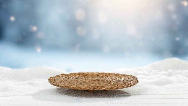 Winter product mockup with copy space &ndash; snowy mountain landscape and product placement. Clean space for product placement surrounded by fresh snow. Winter template for commercial campaigns.