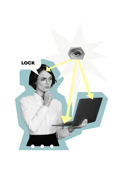 Vertical photo collage of serious freelancer girl hold laptop lock decode eyeball safety password arrow isolated on painted background