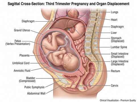 Sagittal cross-section of third trimester pregnancy and organ displacement