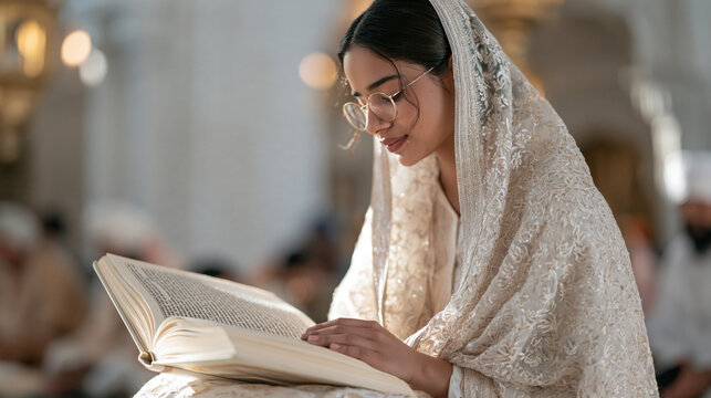 Teenage Sikh girl in a flowing dupatta reads from the Guru Granth Sahib at a Gurdwara, natural afternoon light, religious education, Sikhism, sacred text, youth spirituality,