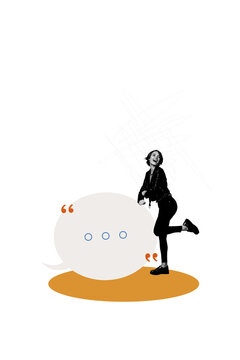 Vertical picture collage young cheerful girl funky dance textbox reply message author citation quote bubble speech drawing background