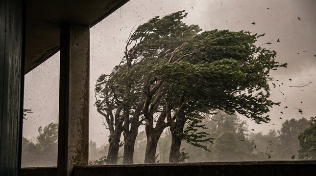 Trees bending in hurricane-force winds from a building window  