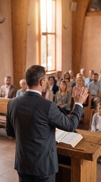 Rear view of a male pastor in a suit preaching a sermon to a blurred congregation from a wooden pulpit in a sunlit church