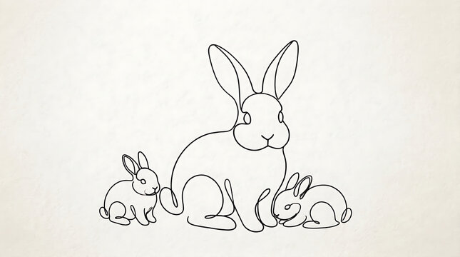 Continuous line art illustration of a rabbit family