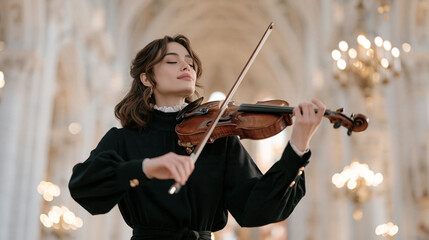 Obraz premium A violinist pauses mid-performance inside a grand cathedral nave and looks upward at the vaulted ceiling, natural reverence, music and spirituality, sacred space inspiration,