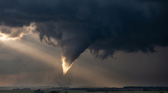 Tornado forming under dark stormy clouds in a rural landscape  