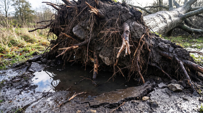 Uprooted tree with exposed roots in a muddy field after storm  