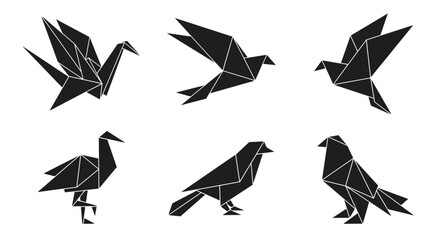 Fototapeta premium Geometric origami bird vector collection featuring black folded paper shapes of cranes doves crows and sparrows