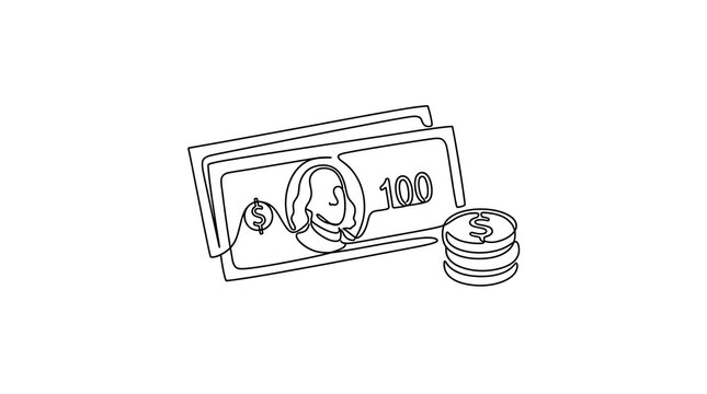 Continuous line drawing of a hundred dollar bill and a stack of coins
