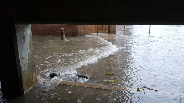 Flooded street during a hurricane showing rising water levels  