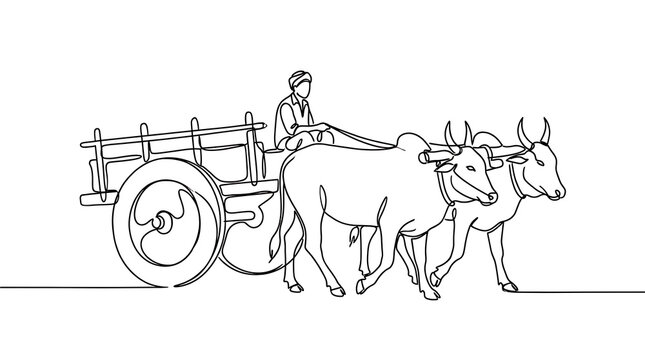 Continuous line drawing of a farmer driving a wooden bullock cart