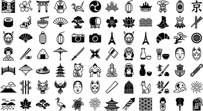 Traditional Japanese culture vector icon set featuring sushi sakura torii gates pagodas dragons and origami shapes