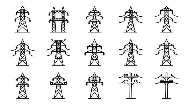 Electrical tower vector icons set featuring power transmission lines, high voltage pylons, and utility poles
