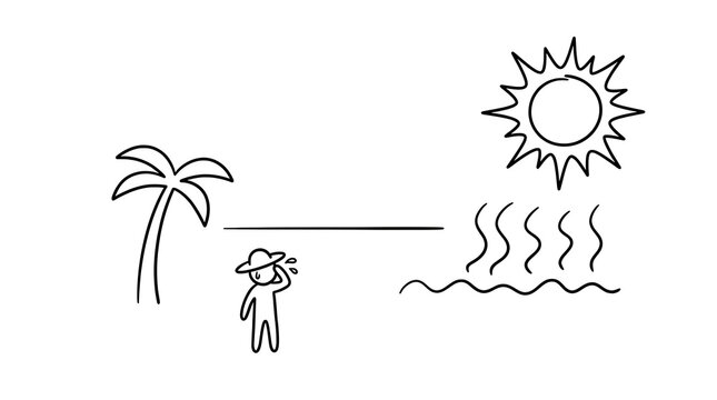 A sweating person stands on a beach under a hot sun
