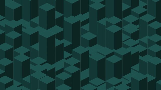 Dark teal isometric falling cubes, cubes dropping into place and settling, seamless looping geometric background