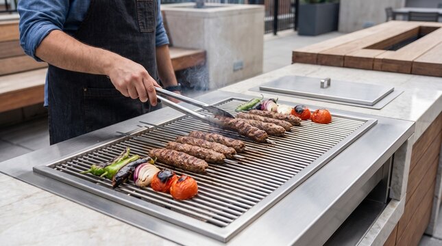 Man grilling kebabs and vegetables on a modern outdoor barbecue grill