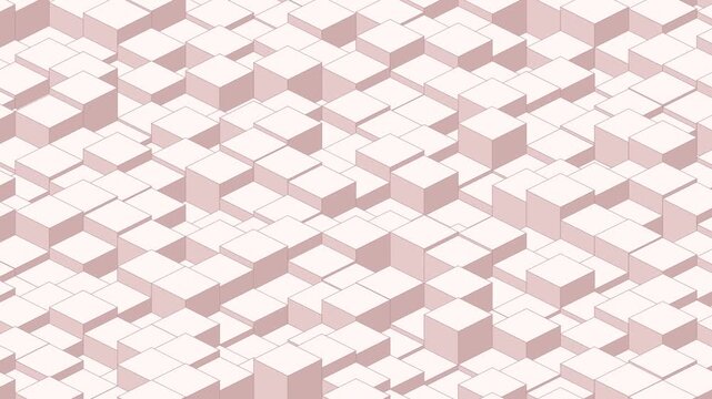 Blush pink isometric scattered cube heights, cube heights shuffling across the grid, seamless looping geometric background