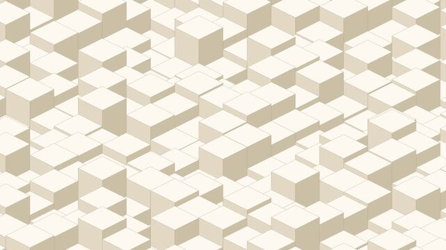 Cream isometric scattered cube heights, cube heights shuffling across the grid, seamless looping geometric background