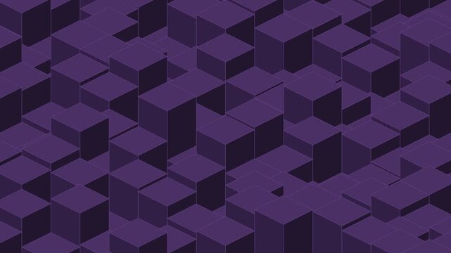 Plum purple isometric scattered cube heights, cube heights shuffling across the grid, seamless looping geometric background