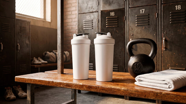 Blank protein shaker bottles on gym bench beside kettlebell in locker room. Sports nutrition mockup. Fitness branding and supplement packaging. Workout hydration and strength training.