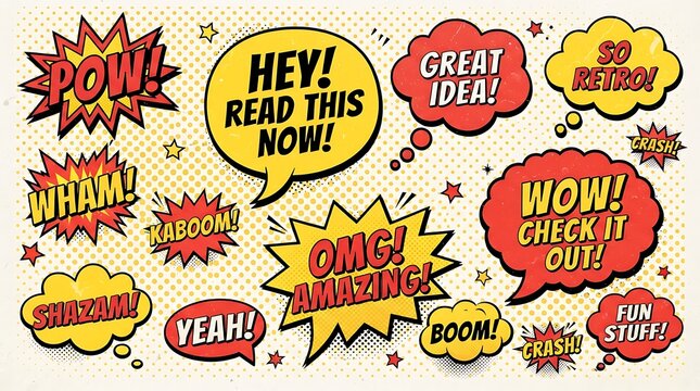 Colorful comic book speech bubbles set with funny text pop art expressions and sound effects for dynamic graphic design