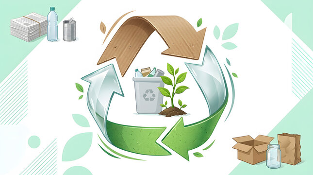 Circular recycling arrows surround reusable packaging, a recycling bin, cardboard boxes, glass jar, and young plant, illustrating sustainable consumption and waste reduction choices.