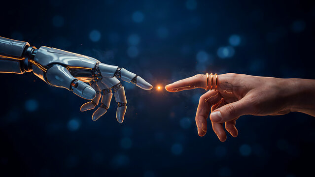 A robotic hand and a human hand reaching out to touch fingers with a glowing spark between them against a dark blue background, with bokeh