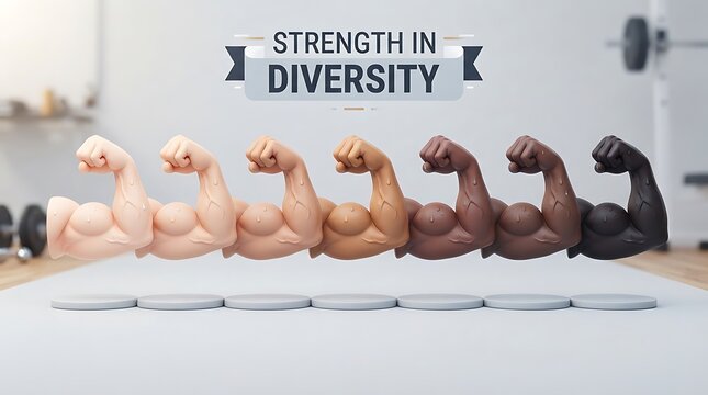 Diverse muscular arms showing strength in diversity concept with various skin tones lined up in a row in a gym training room