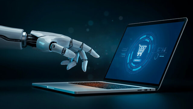 Robotic hand reaching out to touch a shopping cart on a laptop screen representing e-commerce and digital retail technology concept