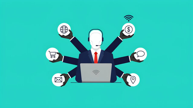 Business person with many arms holding of global communication, shopping, finance, and messaging on a turquoise background