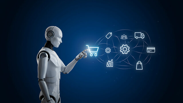 A white humanoid robot touching a glowing digital shopping cart surrounded by various e-commerce symbols on dark blue background