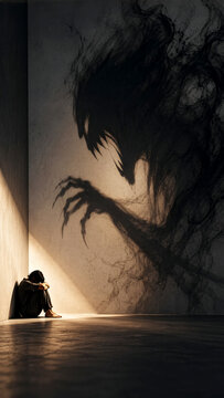 A distressed person sits alone while a towering shadow monster symbolizes fear, anxiety, and inner darkness.