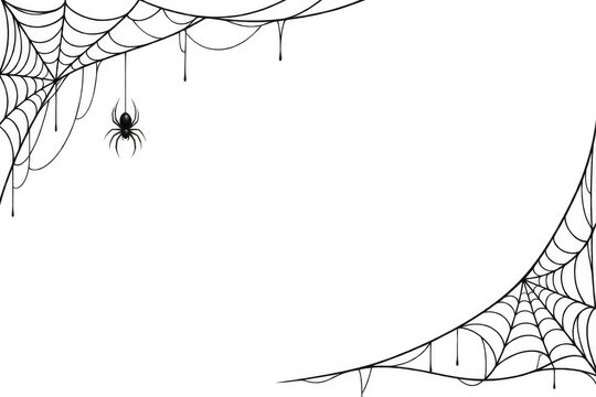 Halloween spider web corner frame with hanging spider isolated on transparent background