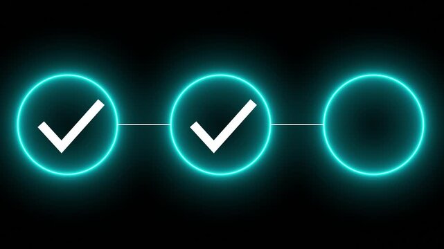 Neon Light 3 Step Process Infographic Animation with Sequential Glowing Circle, Check Mark and Connecting Line 4k motion...
