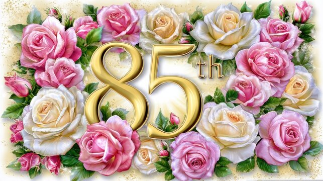 Elegant 85th birthday greeting card design with roses and golden number