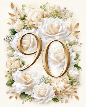 Elegant 90th birthday greeting card with golden numbers and white flowers