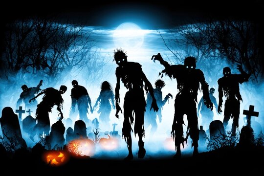 Eerie zombies walk through a foggy cemetery on Halloween night under the light of a full moon