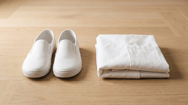 White Canvas Shoes and Folded Kittel on Oak Parquet