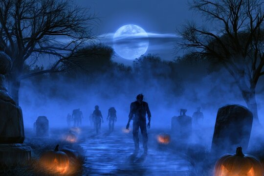 Zombies walking through a foggy cemetery on Halloween night