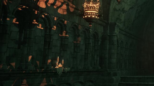 A dark room features a stone wall with arches. Candles are placed on the ledges, providing warm light. Shadows are cast across the wall. The atmosphere feels old and historic.